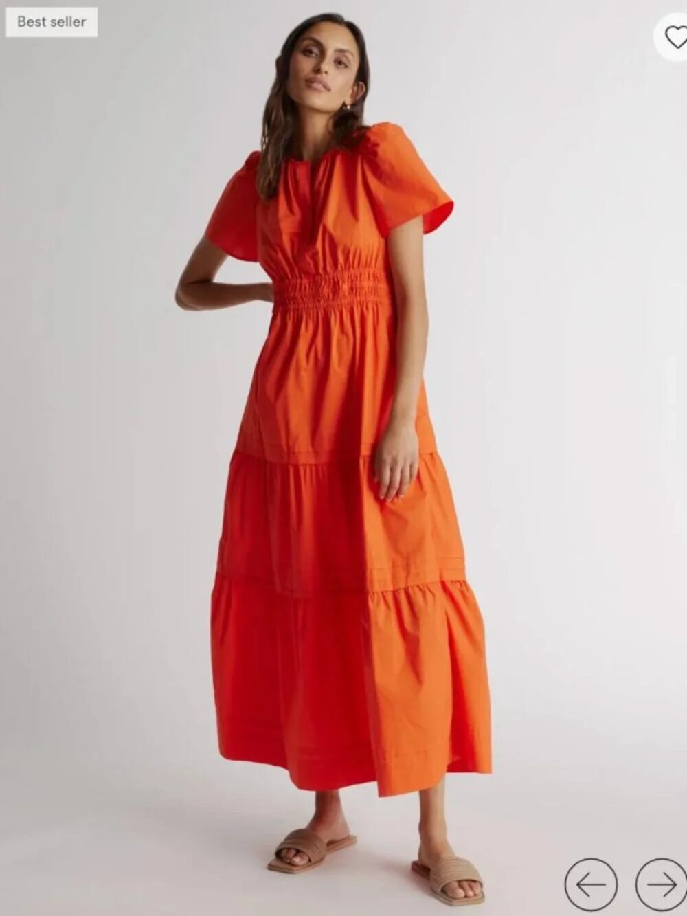 Quince 100% Organic Cotton Bright Orange Puff-Sleeve Tiered Maxi Dress Size S